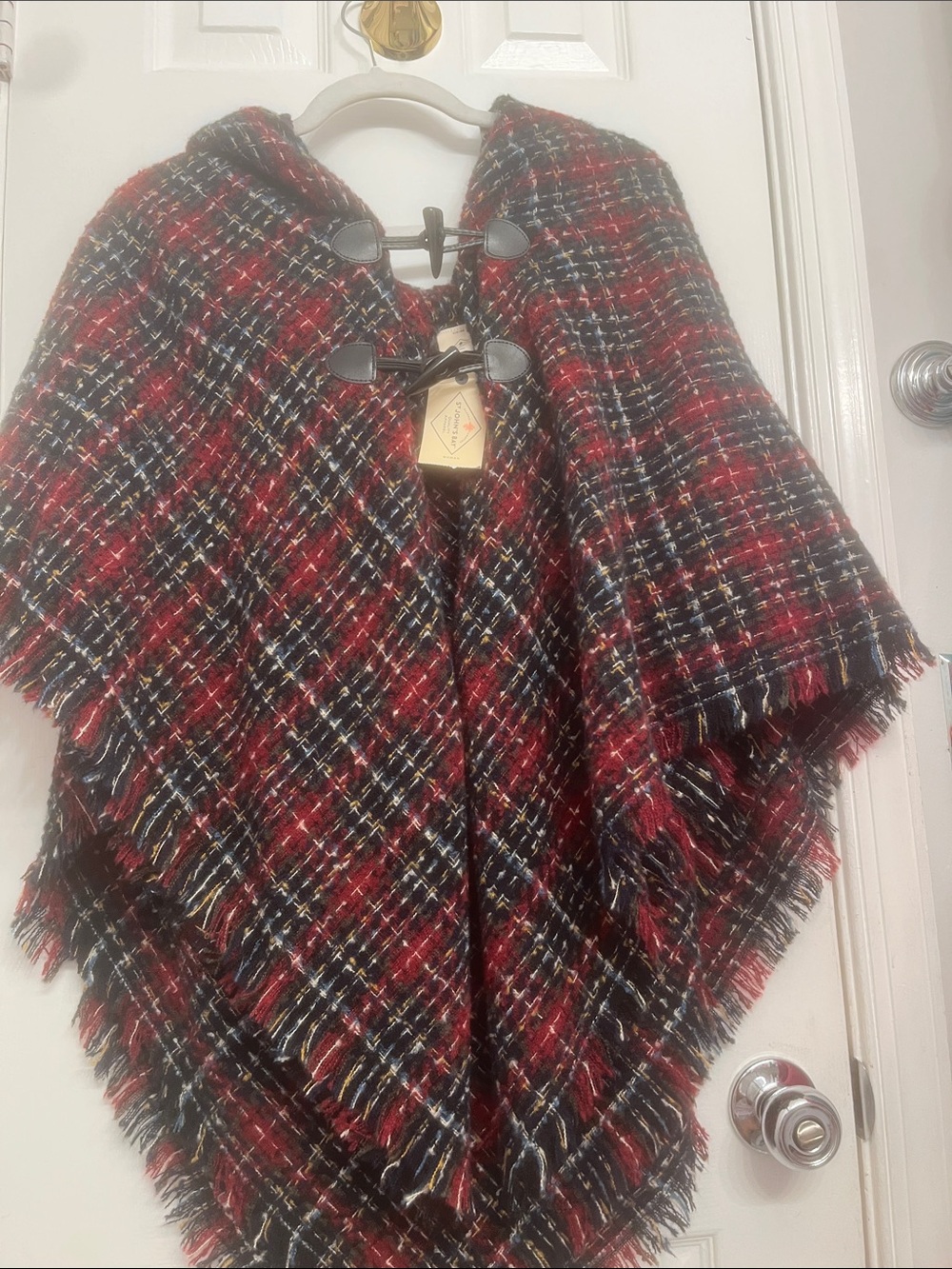 St. John's Bay Red & Black Plaid Hooded Toggle Poncho Cape